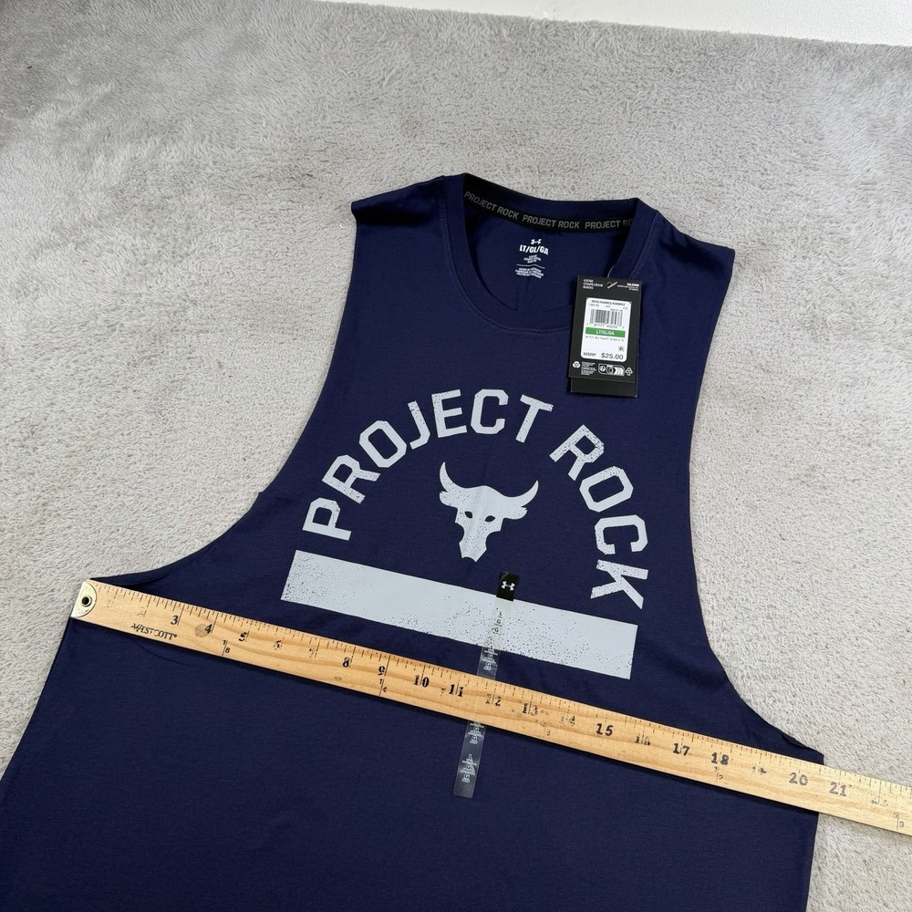 Under Armour Project Rock Tank Mens LT Navy Blue Payoff Sleeveless Top Gym Bull - Picture 4 of 8